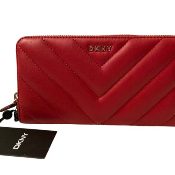 Brand New DKNY Red Vela Quilted Chevron Large Zip Around Wallet Msrp $118 - Picture 1 of 6